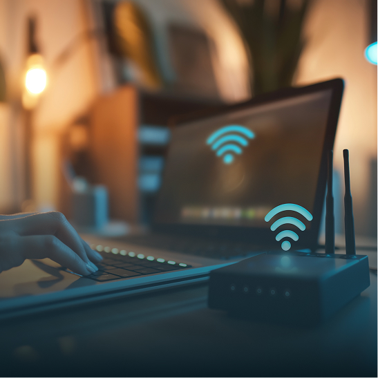 Professional male executive in business suit with confident smile in modern corporate office with city skyline